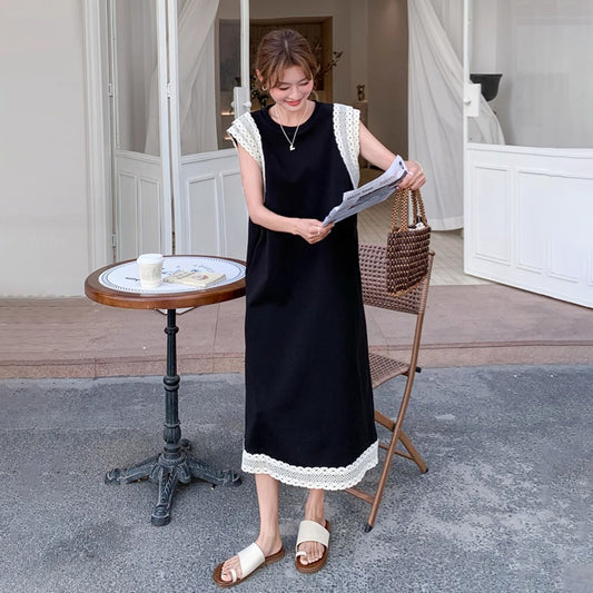 【ワンピース】フレンチ風 配色デザイン ゆったり ノースリーブワンピース レディース 夏 大人気 上品で洗練された ロングドレス【JZシリーズ】