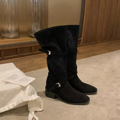 【シューズ】美脚効果 尖丸トゥ クロスベルト 太ヒール ミドルブーツ