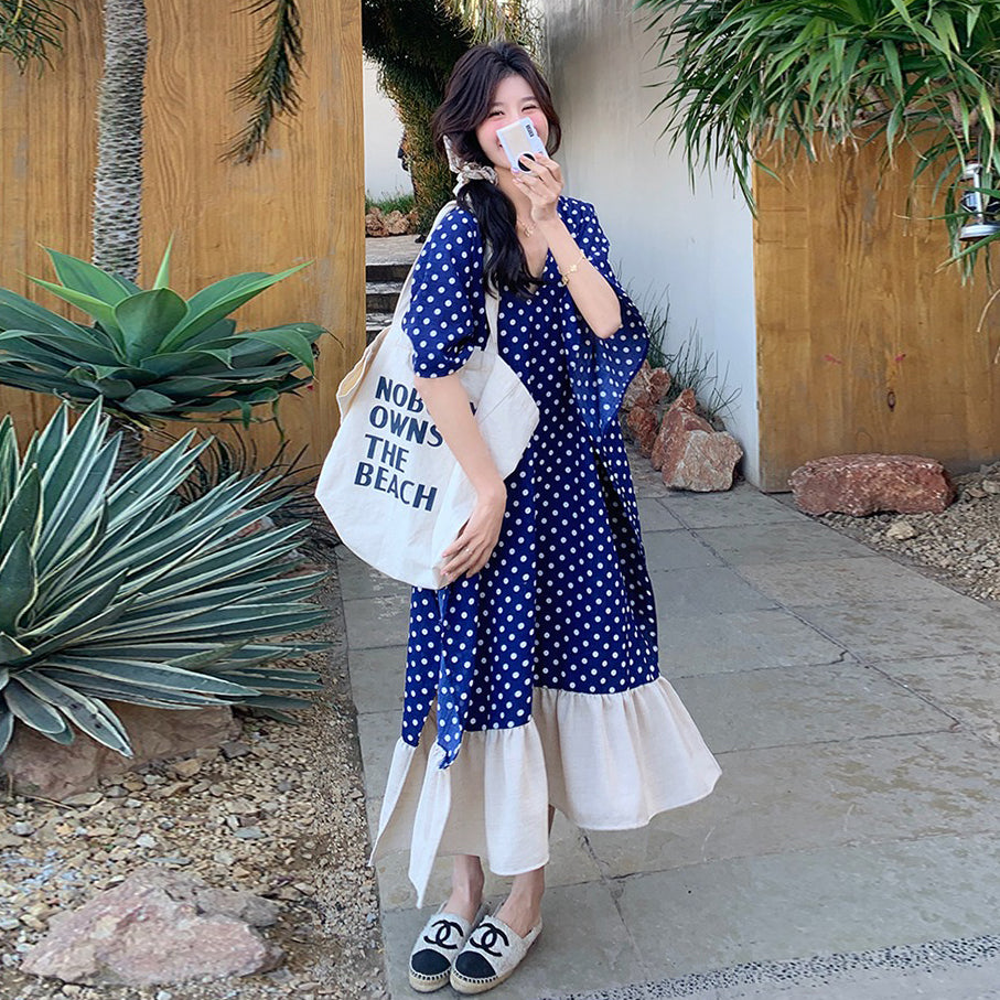 【ワンピース】高級感 ドット柄 シフォン 半袖ワンピース 超人気 おしゃれでリラックス感たっぷり リゾートロングドレス【SHシリーズ】