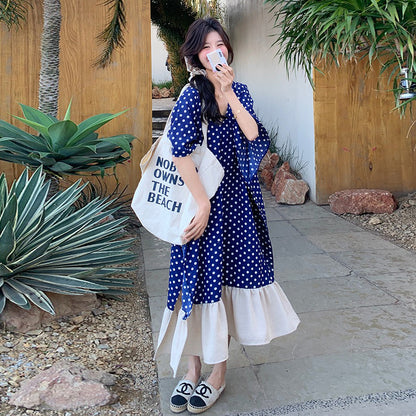 【ワンピース】高級感 ドット柄 シフォン 半袖ワンピース 超人気 おしゃれでリラックス感たっぷり リゾートロングドレス【SHシリーズ】