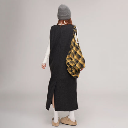 【ワンピース】ウール レディース 秋冬 ゆったりVネック 後ろスリット入り 体型カバー ノースリーブワンピース【JZシリーズ】