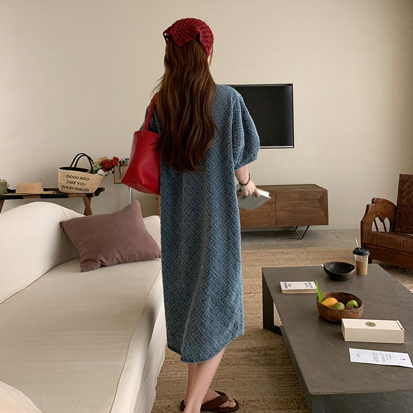 【ワンピース】夏 リラックス感 Vネック デニム半袖ワンピース 薄手 レディース ゆったりカジュアルロング丈【JZシリーズ】