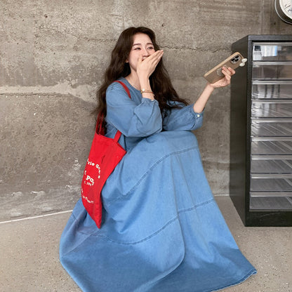 【ワンピース】デニムロング 長袖ワンピース 春秋 2025新作 レトロカジュアル 細見え 優しげフェミニン ドーパミンスタイル【JZシリーズ】