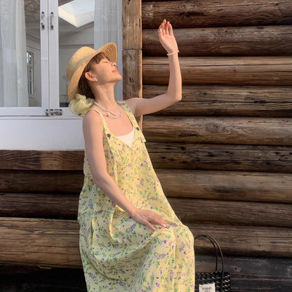 【ボトムス】夏新作 清涼感たっぷり  淡レモンカラー Vネック オーバーサイズサロペット オールインワン【SHシリーズ】