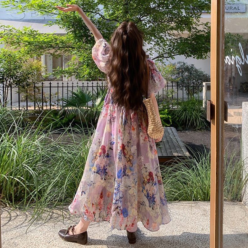 【ワンピース】夏 ドーパミン フラワー 油絵プリント 半袖ワンピース【SHシリーズ】