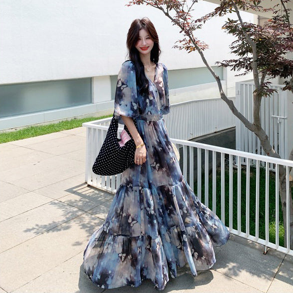 【ワンピース】リゾート風 ロマンティック 蝶々プリント Vネック 半袖ワンピース 高見え バルーンスリーブ サマードレス【SHシリーズ】