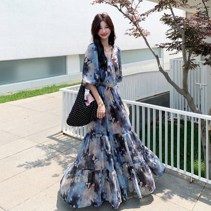 【ワンピース】リゾート風 ロマンティック 蝶々プリント Vネック 半袖ワンピース 高見え バルーンスリーブ サマードレス【SHシリーズ】