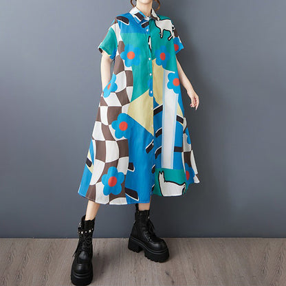 期間限定⭐60%OFF【ワンピース】韓国風 猫プリント シャツドレス 半袖 ワンピース 夏 大きいサイズ 痩せ見え Aライン ミモレ丈 体型カバー お洒落 カジュアル ぽっちゃり【SHシリーズ】