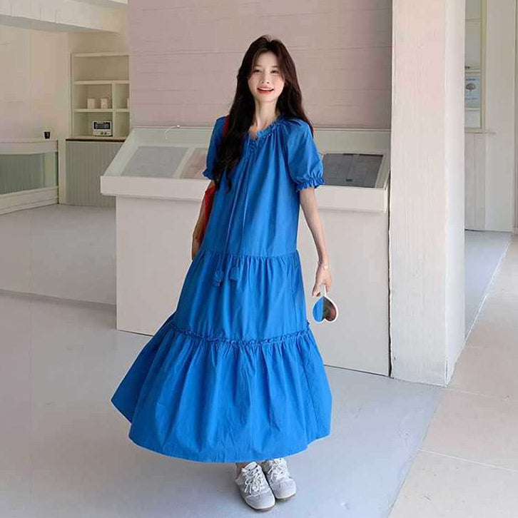 【ワンピース】高級感 パフスリーブ 夏 韓国風 ゆったり 細見え 半袖ワンピース