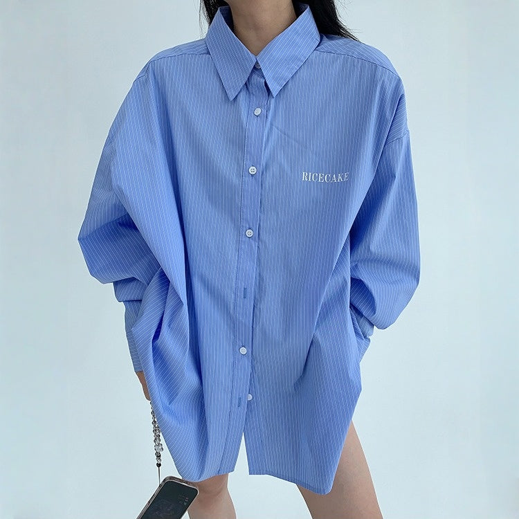 【トップス】春 秋 冬 ストライプ柄 ルーズ 長袖 刺繍 シャツ·ブラウス 【FCシリーズ】