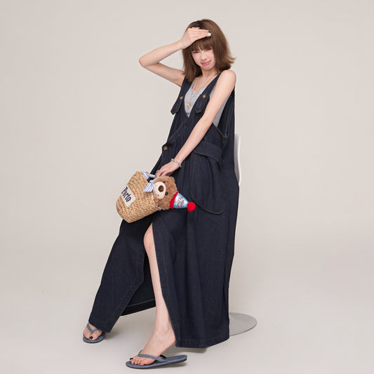 【ワンピース】夏 トレンド感漂う レトロデニム Vネック ノースリーブサロペットワンピース ゆったりシルエット 着痩せ効果【AHシリーズ】