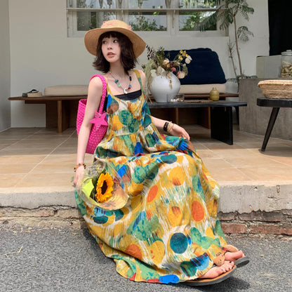 🚀 大人気商品【ワンピース】アート油絵風 ゆったりレトロ 着痩せ効果 ノースリーブワンピース【SHシリーズ】