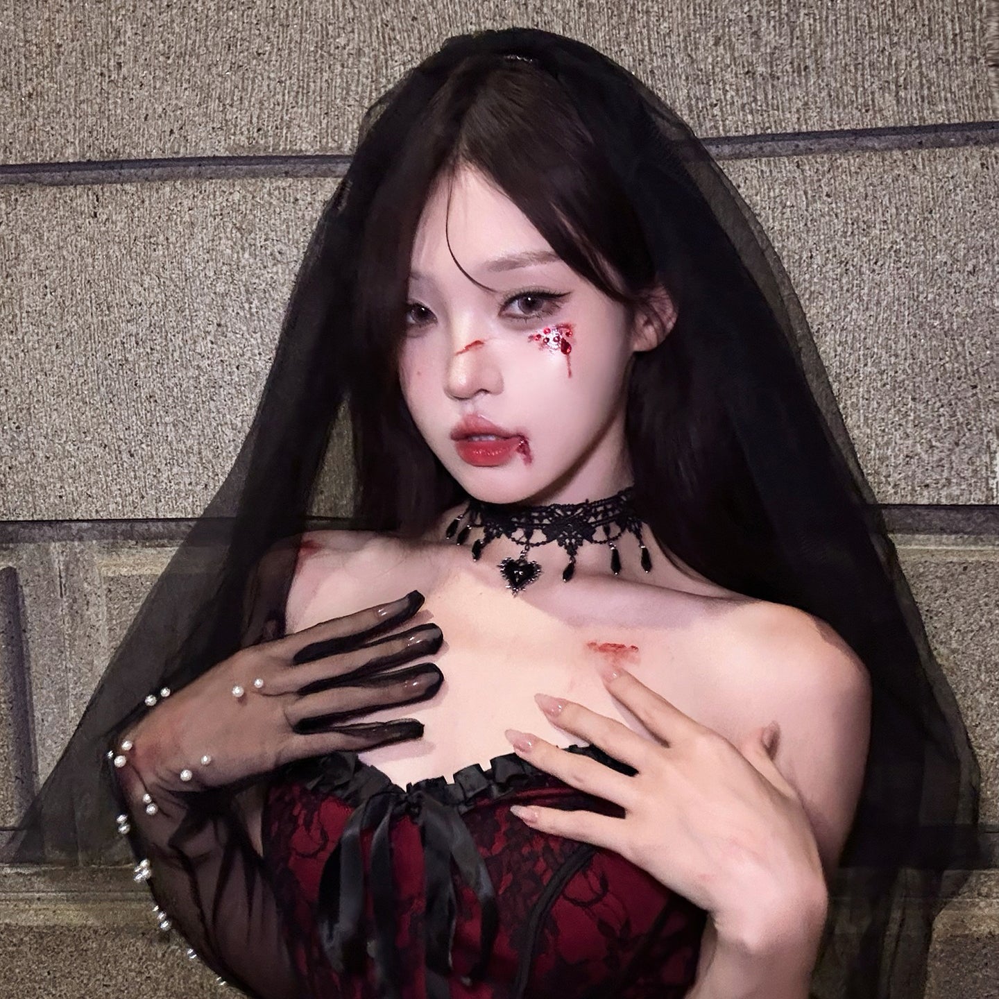 【ハロウィン】血の月の契約 ゴシック風 レースチョーカー ハートクロス ネックレス コスプレ花嫁