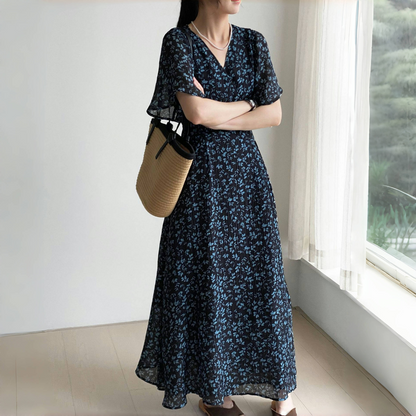 【ワンピース】夏 Vネック ウエストリボン 花柄 半袖 ワンピース 【SHシリーズ】