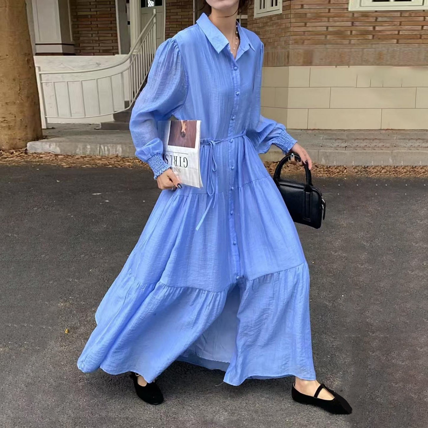 【ワンピース】7カラー 韓国風 ゆったり 大きめサイズ シングルボタン エレガント 長袖ワンピース