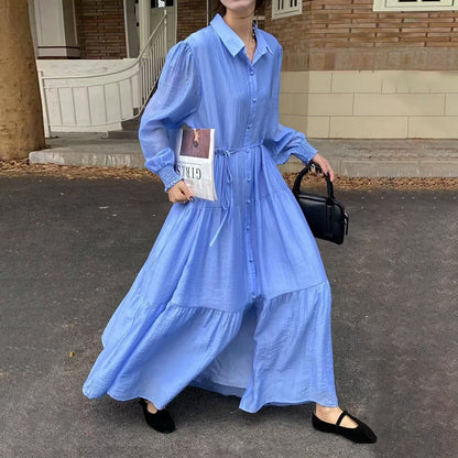 【ワンピース】7カラー 韓国風 ゆったり 大きめサイズ シングルボタン エレガント 長袖ワンピース