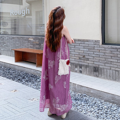 【ワンピース】夏 フレンチ風 ビーチリゾート 旅行  重工刺繍 ビーズ装飾 ノースリーブワンピース【SHシリーズ】