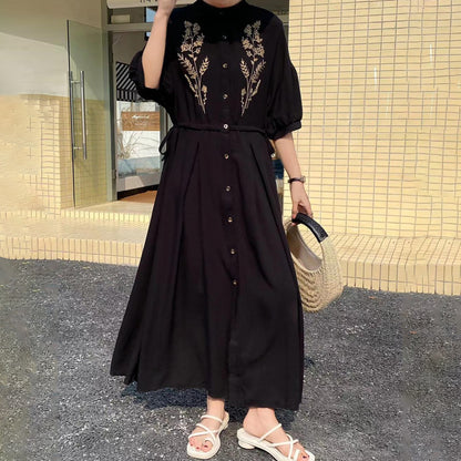 [洋裝] 春秋夏季大尺碼寬鬆民族風度假風刺繡短袖洋裝