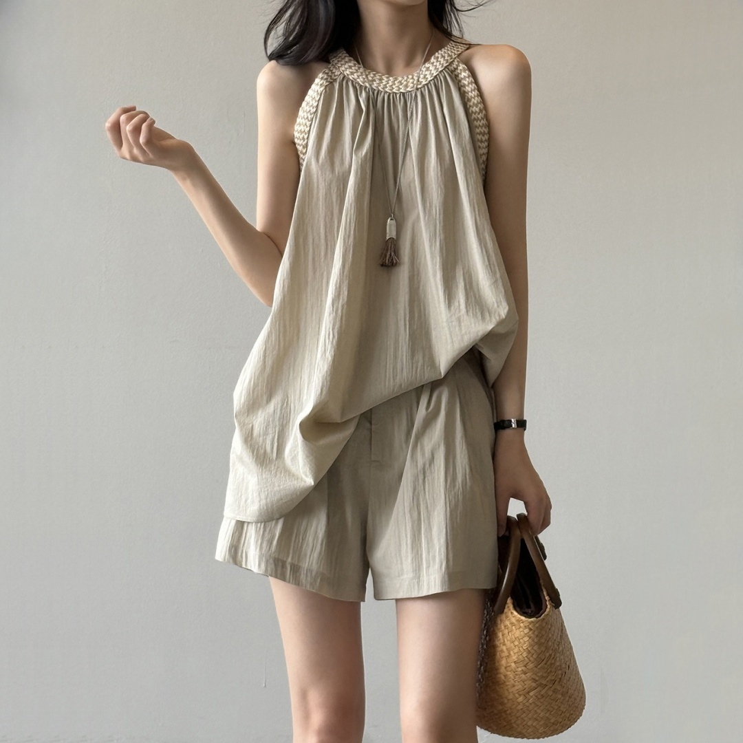 🎉 売り上げ急上昇！2点セット【セットアップ】夏 ラウンドネック フリルギャザー タンクトップ + ショートパンツ 2点上下セット 【JZシリーズ】