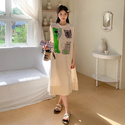 【ワンピース】カジュアル 気質 カートゥーン プリント ノースリーブ タンクワンピース レディース 夏 他と被らない コーディネート【SHシリーズ】