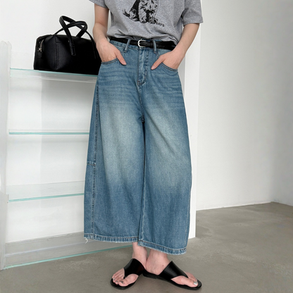 【ボトムス】ベルト付き ウォッシュドデニム ワイド クロップドパンツ 【JZシリーズ】