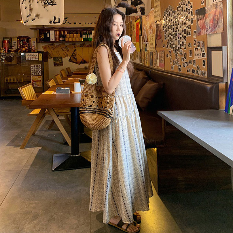 【ワンピース】夏 配色 花柄 韓国風スウィート 気質リゾート ノースリーブワンピース【SHシリーズ】