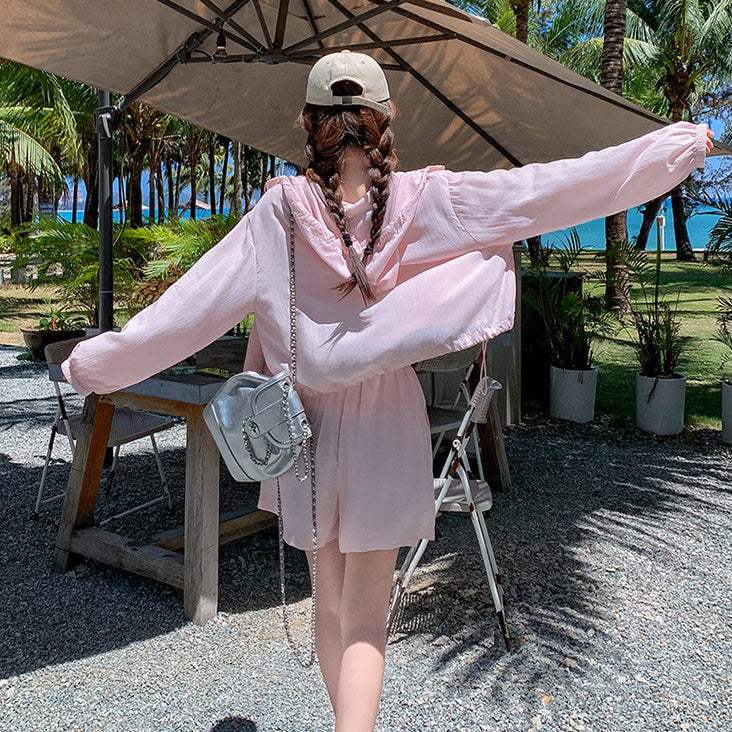 3点セット！【セットアップ】ゆる感たっぷり♡韓国風ピンクUVカットアウター+キャミ＋ショーパンセットアップ 夏の注目 上下セット【JZシリーズ】