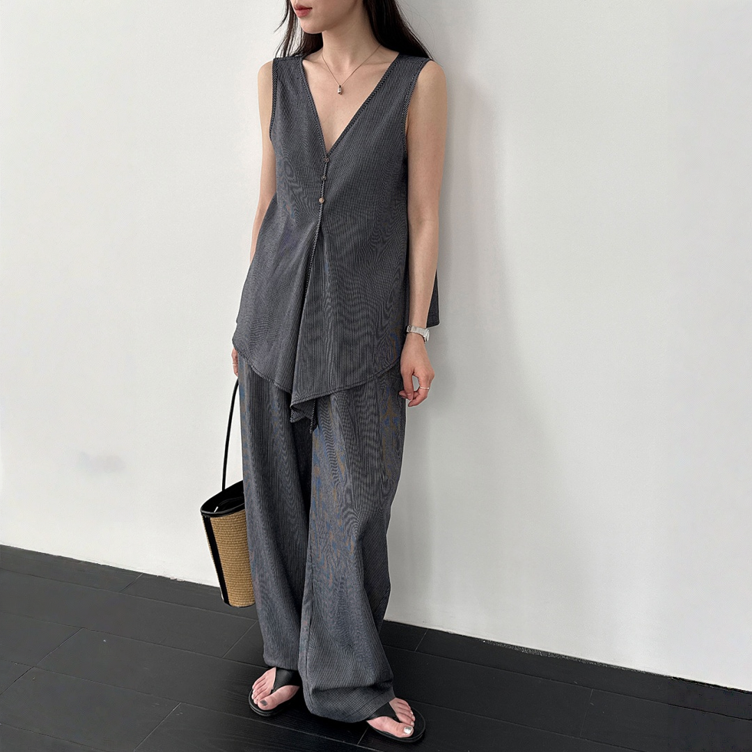 【セットアップ】テンセル×リネン ノースリーブ ストライプトップス + カジュアルロングパンツ 2点上下セット 【JZシリーズ】