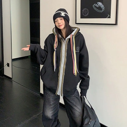 【アウター】カラフル ドローコード レイヤード風 フード付き ジャケット【FCシリーズ】