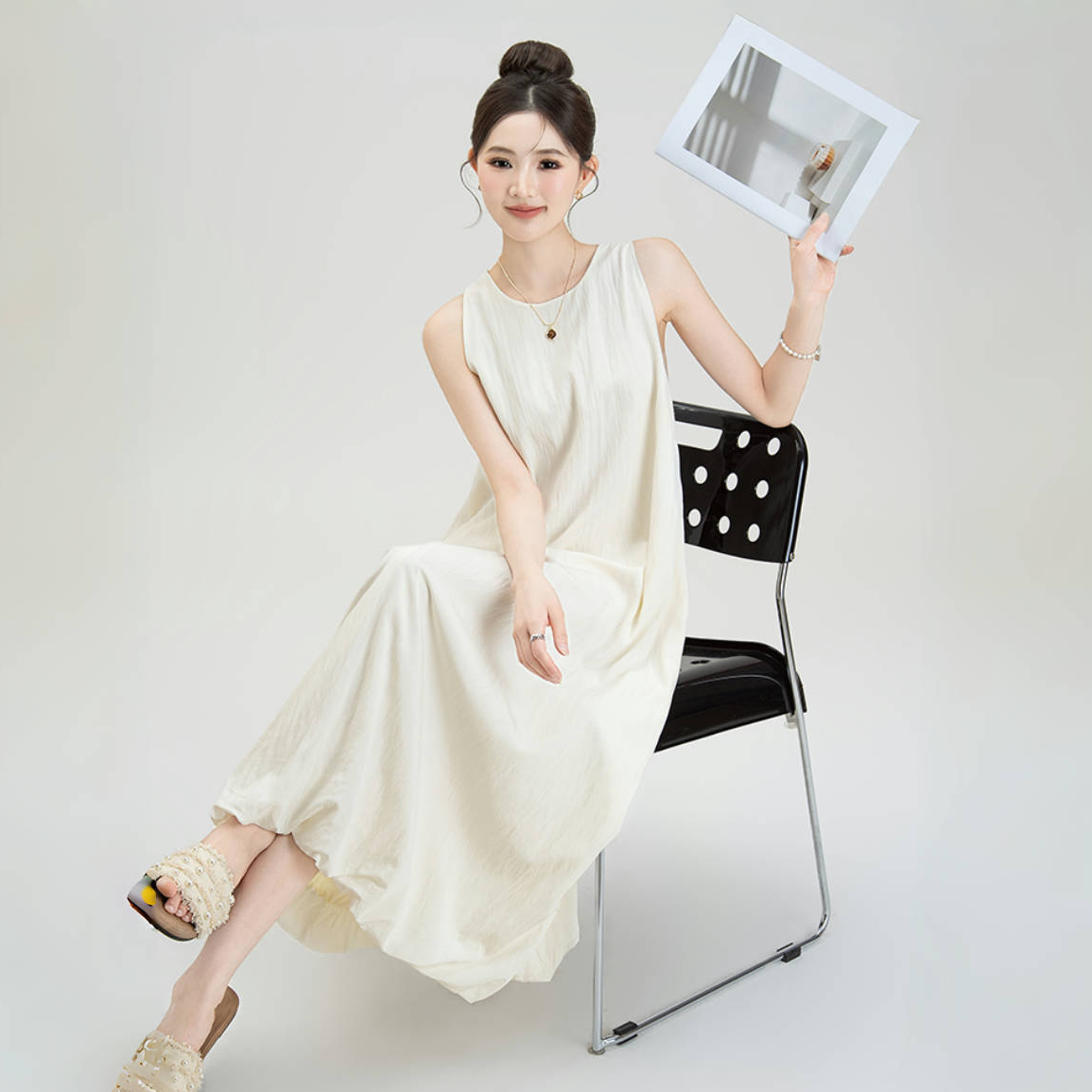 【ワンピース】夏新作 フレンチエレガンス ゆったりシルエット ノースリーブキャミ バルーンワンピース【JZシリーズ】