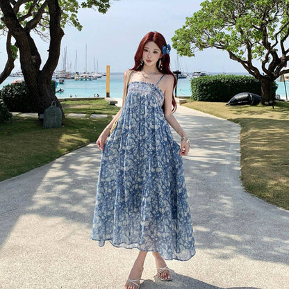 【ワンピース】バリ風 沖縄旅行 リゾートワンピース レディース 夏 ブルー 花柄 シフォン ノースリーブ ロングワンピース フレア【SHシリーズ】
