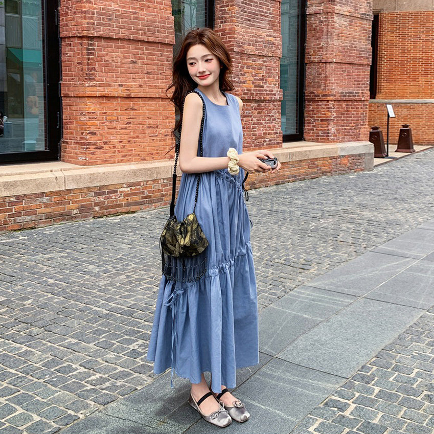 【ワンピース】夏新作 フレンチ気質 ギャザー＆リボンデザイン ノースリーブワンピース【SHシリーズ】