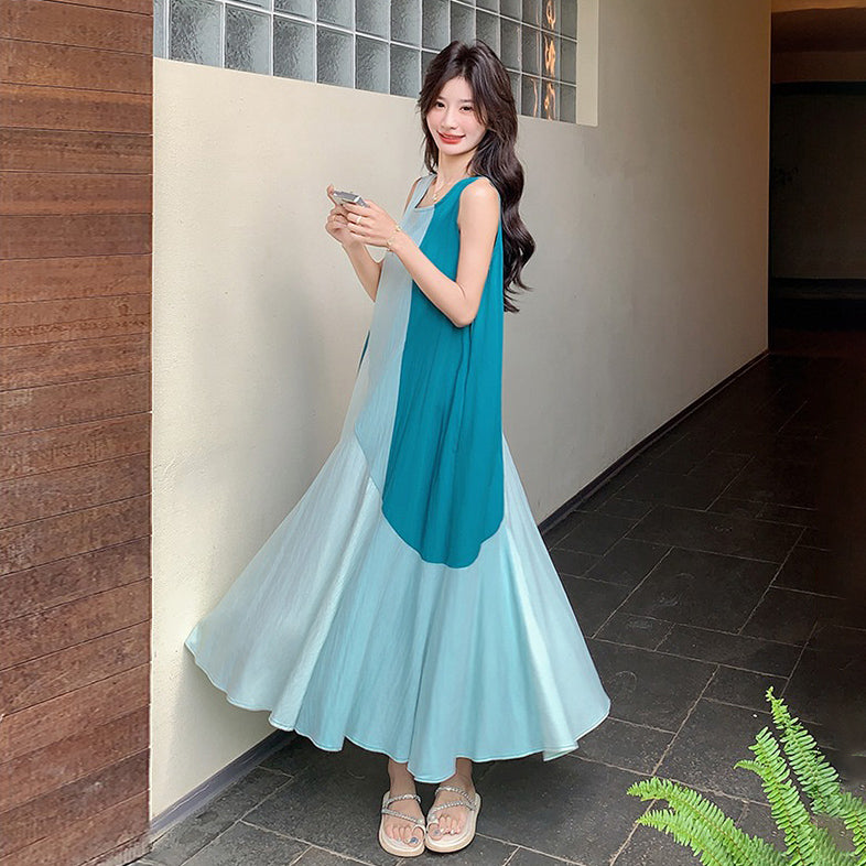 【ワンピース】夏新作 デザイナーズ風 上品 ノースリーブワンピース ハイウエスト 高見え配色 着痩せシルエット【SHシリーズ】