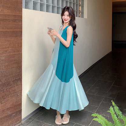 【ワンピース】夏新作 デザイナーズ風 上品 ノースリーブワンピース ハイウエスト 高見え配色 着痩せシルエット【SHシリーズ】