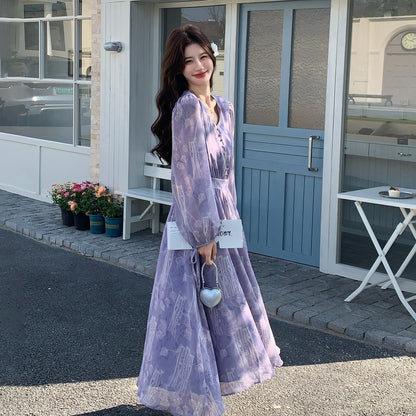 【ワンピース】フレンチ花柄ロングワンピース レディース 春秋 Vネック ハイウエスト フェミニン パープル【SHシリーズ】