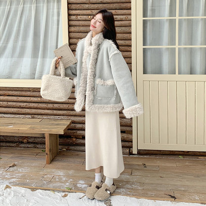 【アウター】甘め フェイクムートン厚手保温アウター 2025冬 若見え 防風 ハイネック ボアトップス レディース【JZシリーズ】