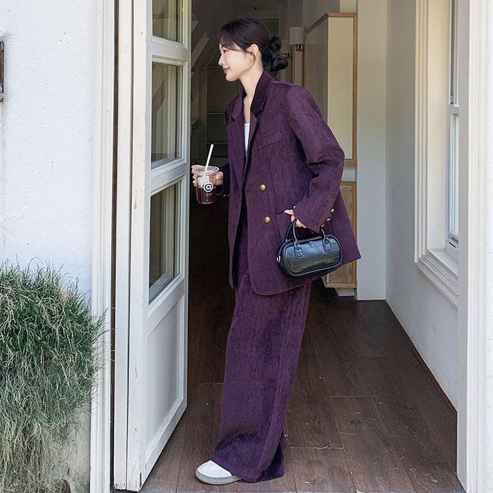 2点セット！【セットアップ】ライトラグジュアリー コーデュロイ 上下セット 2026春新作 ダブルブレスト ジャケット＆ワイドパンツ レディース【JZシリーズ】