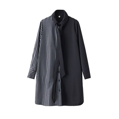 【ワンピース】ダークデザイン 無地×ストライプ 切替 長袖 ワンピース ゆったり【AHシリーズ】