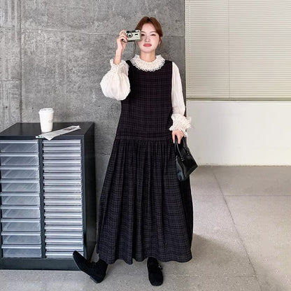 【セットアップ】ベストワンピース×レース切替シャツ セットアップ 韓国シック 上品【JZシリーズ】