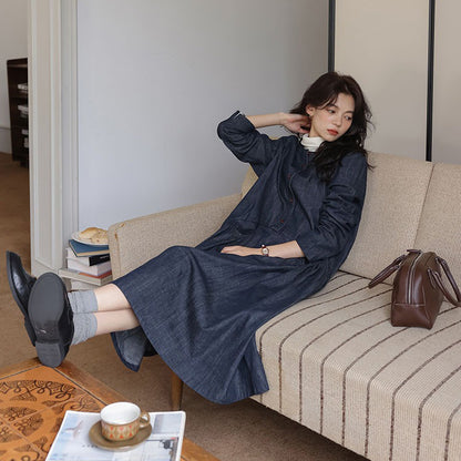 【ワンピース】秋 長袖ワンピース レディース デニム 丸首 ゆったり ミディ丈 森ガール風 文芸 ナチュラル コーデ【JZシリーズ】