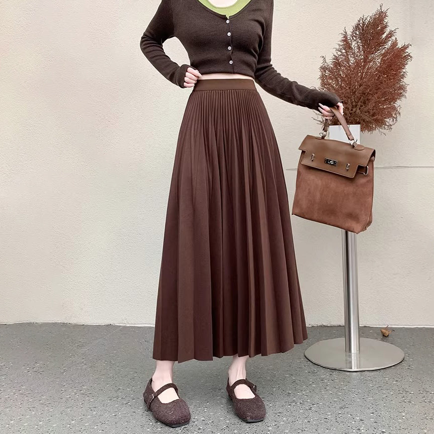 【ボトムス】エレガント ウール調 プリーツスカート 秋冬 Aライン ミディ丈 ヒップカバー 体型カバー【JZシリーズ】