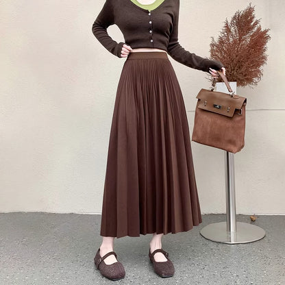 【ボトムス】エレガント ウール調 プリーツスカート 秋冬 Aライン ミディ丈 ヒップカバー 体型カバー【JZシリーズ】