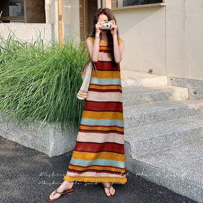 【ワンピース】韓国風ストライプ柄 ゆったりシルエット ドーパミン配色 ノースリーブワンピース【SHシリーズ】