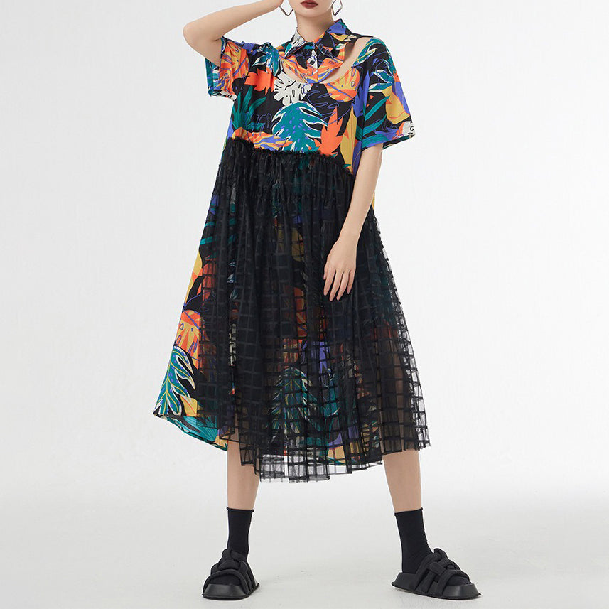 【ワンピース】モード系 ネックシアー切替 半袖ワンピース レディース 夏 ロングワンピース Aライン ゆったり 上品 デザイン性【SHシリーズ】