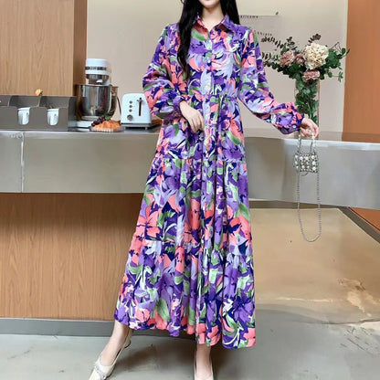 【ワンピース】🍁大きいサイズ レディース 春新作 長袖ワンピース 花柄 シャツワンピ 体型カバー ゆったり 着痩せ 効果あり【SHシリーズ】