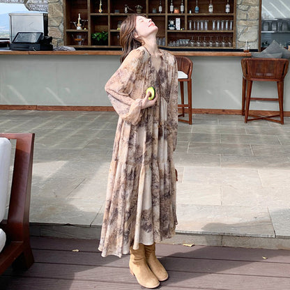 【ワンピース】タイダイ風 花柄シフォン 長袖ワンピース｜Aライン ロングドレス【SHシリーズ】