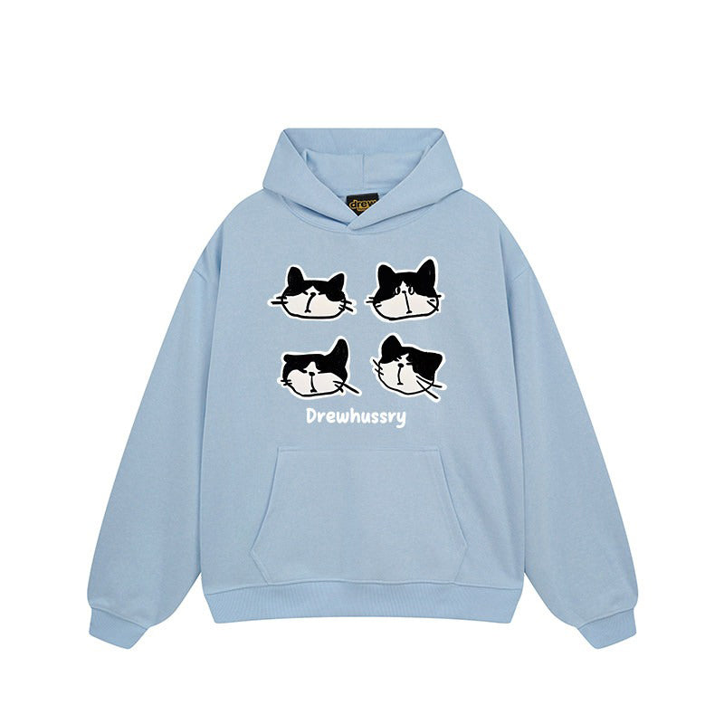 【トップス】🐱カートゥーン猫プリント裏起毛パーカー ユニセックス ペアルック 秋冬 カジュアル【FCシリーズ】