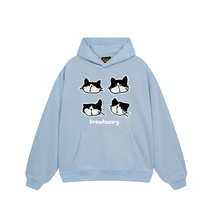 【トップス】🐱カートゥーン猫プリント裏起毛パーカー ユニセックス ペアルック 秋冬 カジュアル【FCシリーズ】