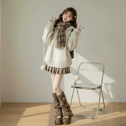 【セットアップ】無地 ホワイト セーター + プリーツ ショート スカート 2点上下セット 【JZシリーズ】