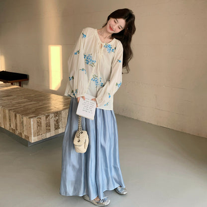 【セットアップ】配色刺繍 リボン付きトップス×ワイドパンツ 上下セット レディース フェミニン 上品 おしゃれ 体型カバー 2点セット
【SHシリーズ】